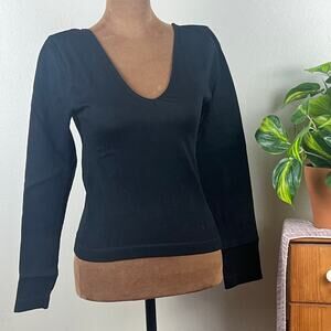 A New Day Black V Neck Front & Back Stretch Knit LS Top Size Small